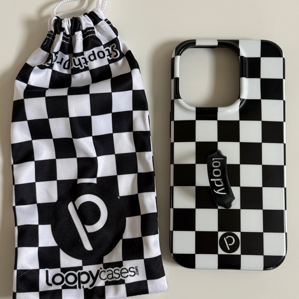 iPhone 14 Pro Loopy Case Black and White Checkered Phone Case